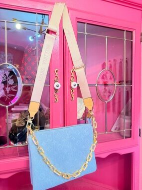 Light Blue Denim Crossbody with Beige Strap and Gold Chain, Envelope style
